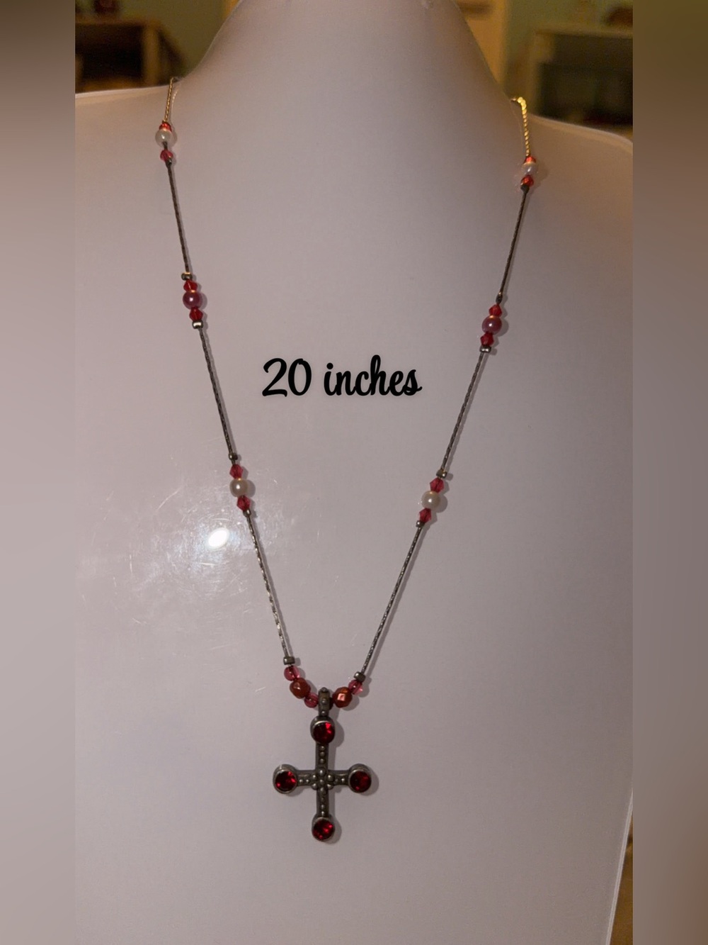 Silver Tone Cross Pendant Necklace with Red Beads - 20 Inches